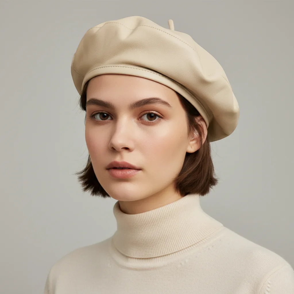 Beige Leather French Beret - Image 2